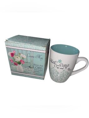 Religious Coffee Mug Bless the Lord Psalm 103:2 Floral Teal Christian Gift w Box